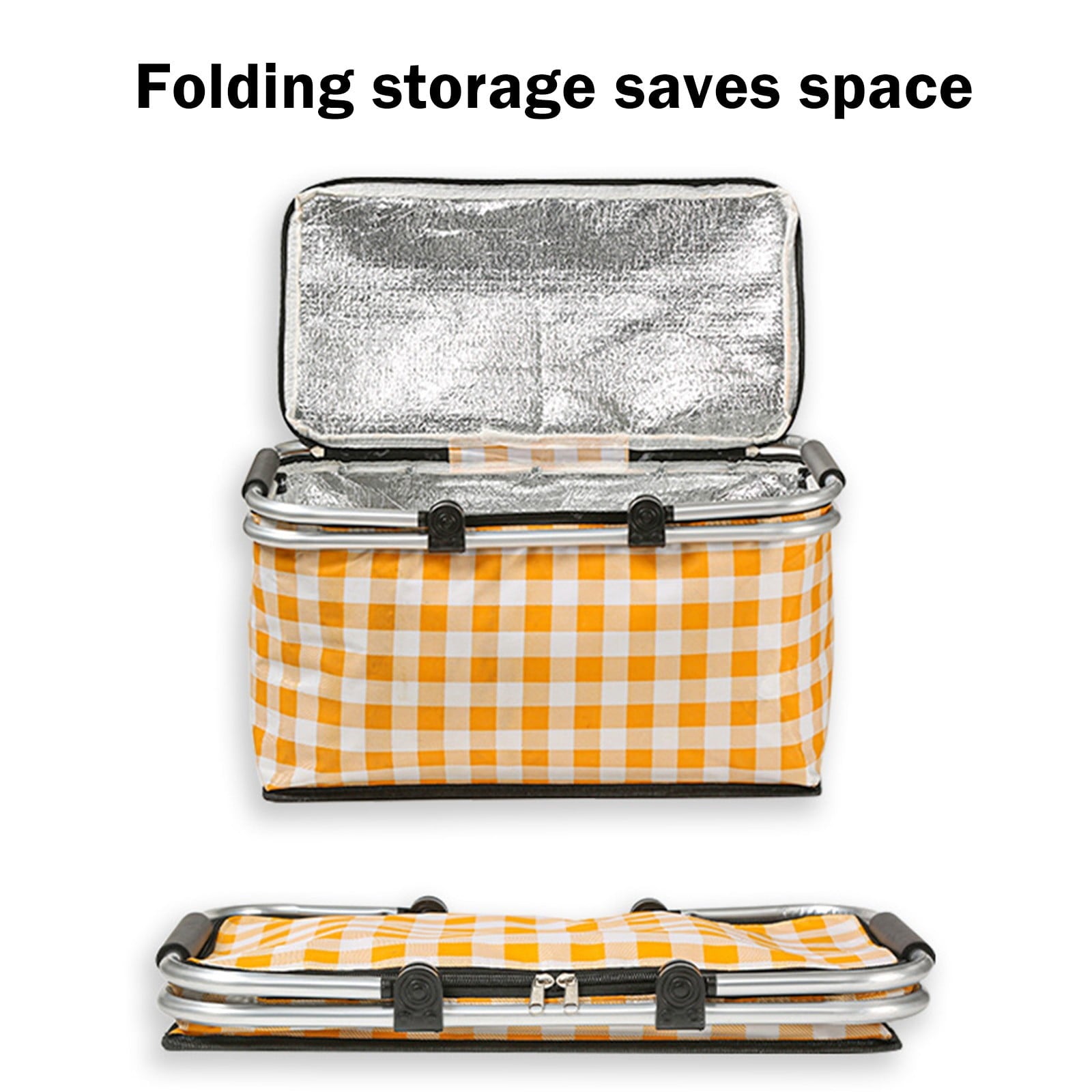 Kdkad Picnic Basket, Collapsible Shopping Basket with Lid Large Market Basket with Handles Reusable Folding Grocery Basket Insulated Cooler Bag for Picnic Travel 18.5×8.7×10.6 in Yellow