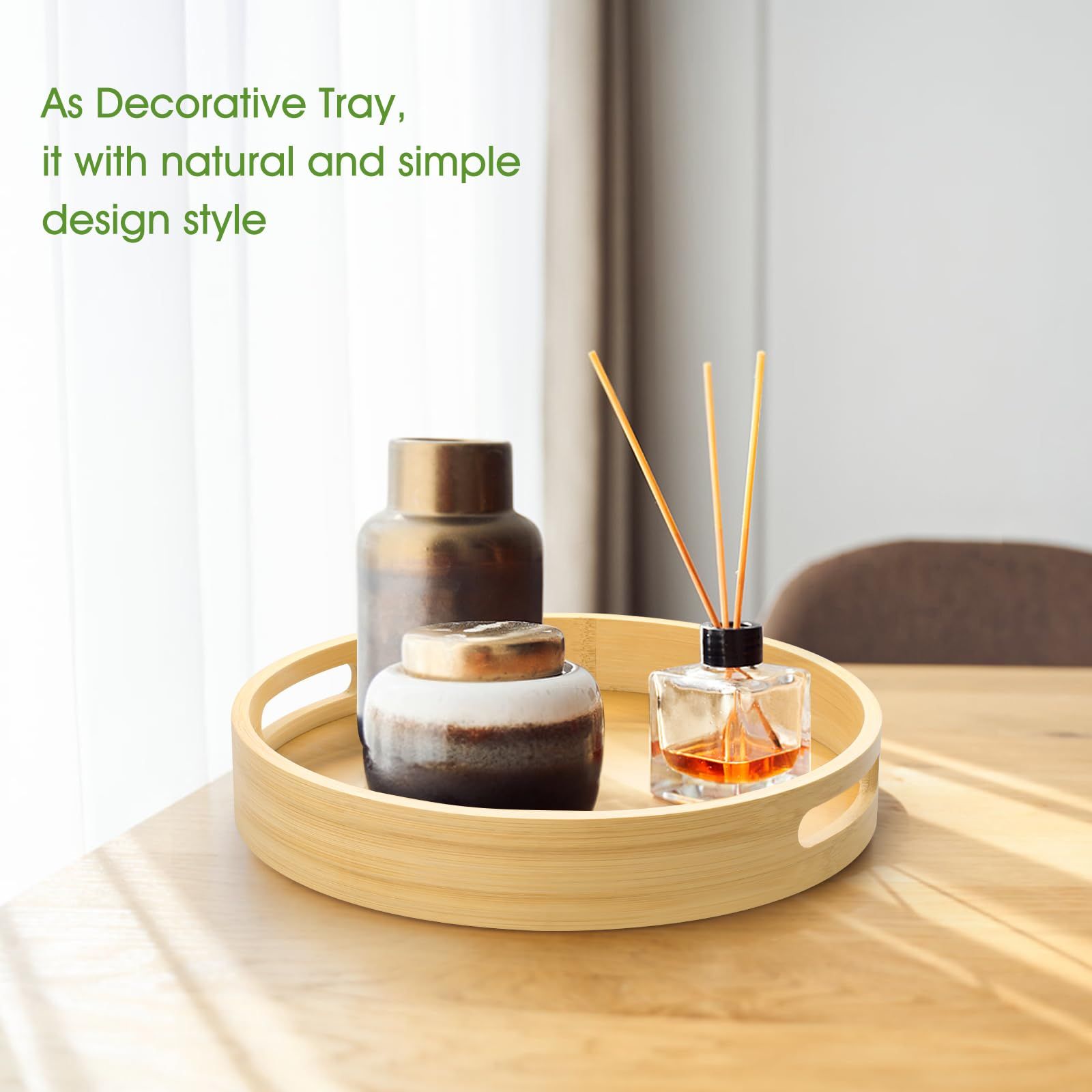 12 inch Round Serving Wooden Tray with Handles, Bamboo Decorative Tray Serving for Serving Beverages & Food on Bar Living Room Home Dining Table.