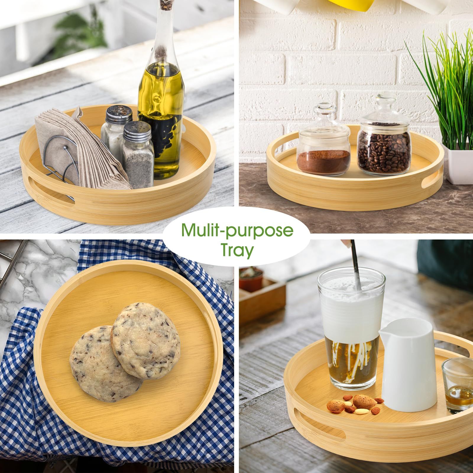 12 inch Round Serving Wooden Tray with Handles, Bamboo Decorative Tray Serving for Serving Beverages & Food on Bar Living Room Home Dining Table.