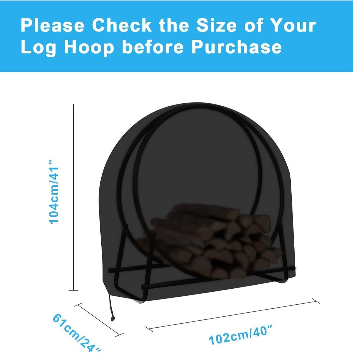 Firewood Log Rack Cover, Outdoor Waterproof Log Hoop Cover, Windproof Dry Wood Pile Holder Storage Tarp Heavy Duty UV Resistant Sun Snow Rain  4 Seasons Black（102x61x104cm）
