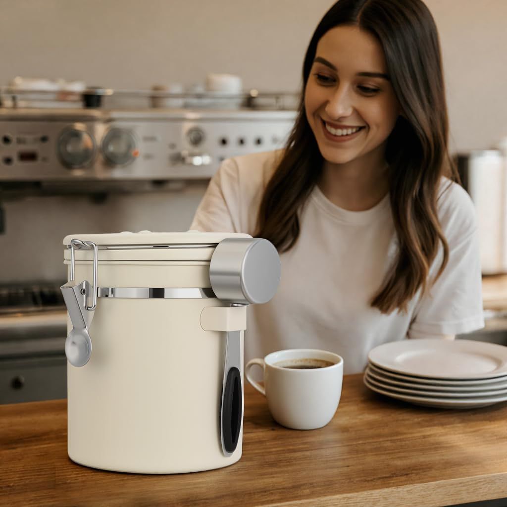Coffee Canister Airtight Coffee Container Stainless Steel Coffee Bean Storage Container with Scoop Coffee Canister for Beans Grounds Sugar Flour Tea Cereal,1.8L ,Beige