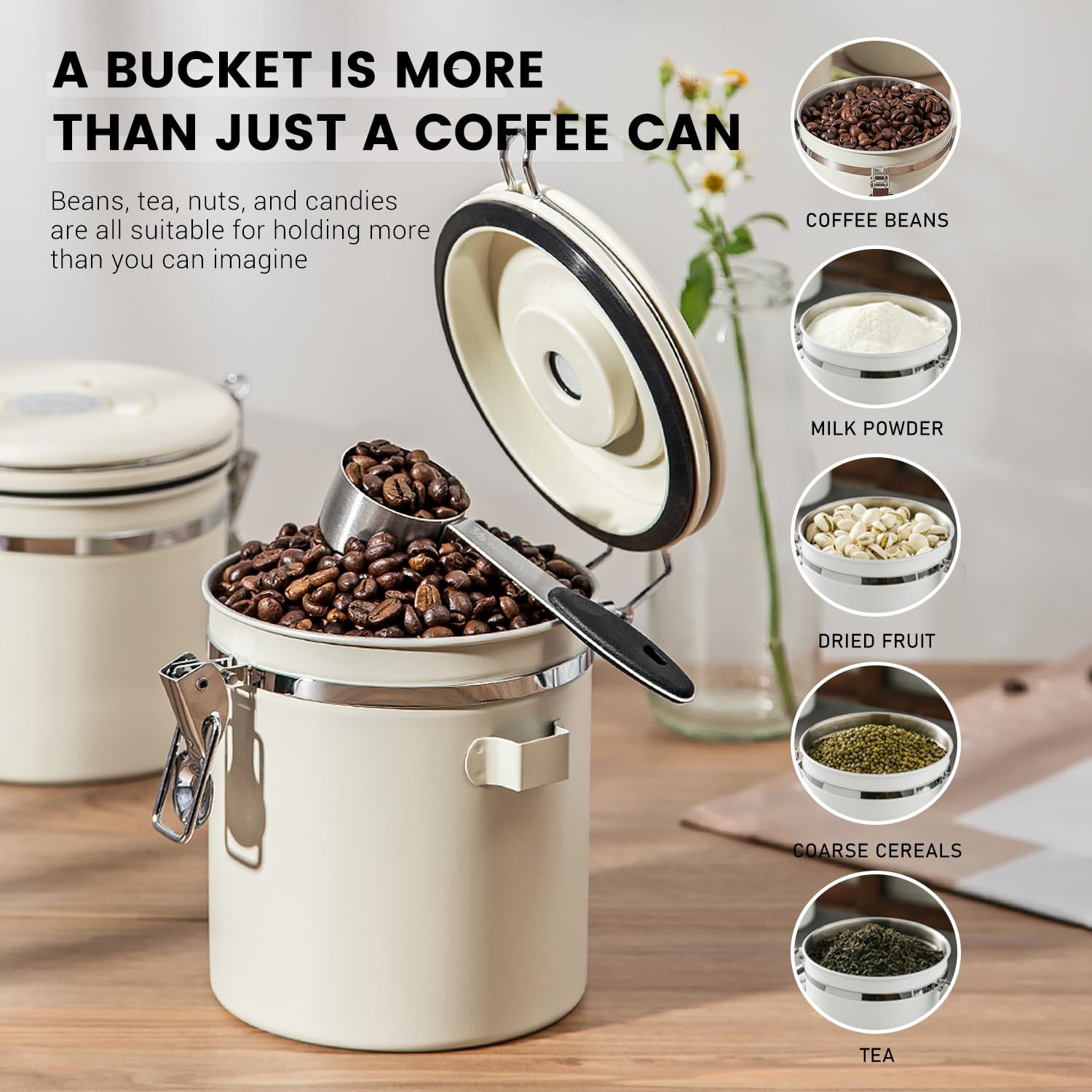 Coffee Canister Airtight Coffee Container Stainless Steel Coffee Bean Storage Container with Scoop Coffee Canister for Beans Grounds Sugar Flour Tea Cereal,1.8L ,Beige