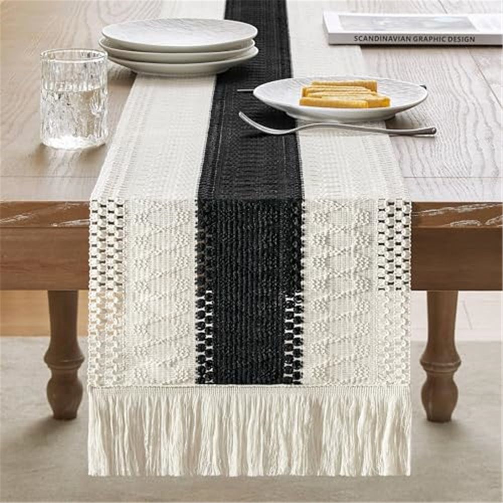 Style Bicolor Stitching Table Runner, 12 x 108 Inch Black/Ivory, Black Table Runners 108 Inches Long, Farmhouse Woven Home Decor