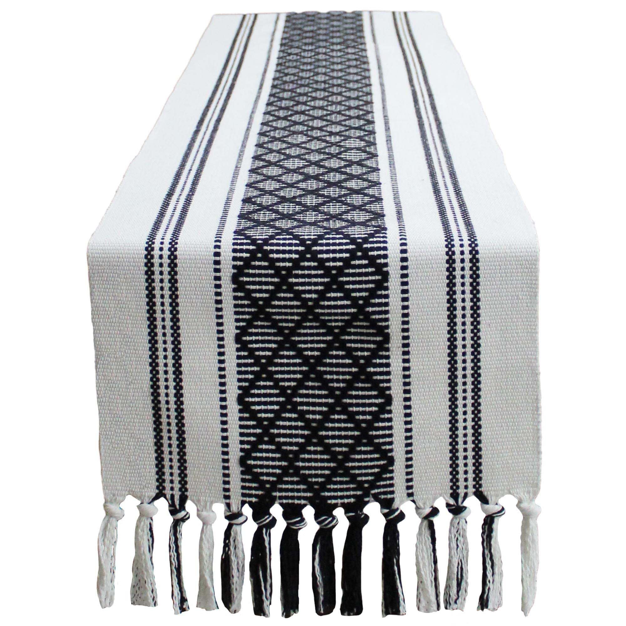 Boho Woven Table Runners Farmhouse Style with Tassels - Elegant Striped Table Decor for Dining Room, Wedding, Holiday, Party (Classic Black, 34*120cm)