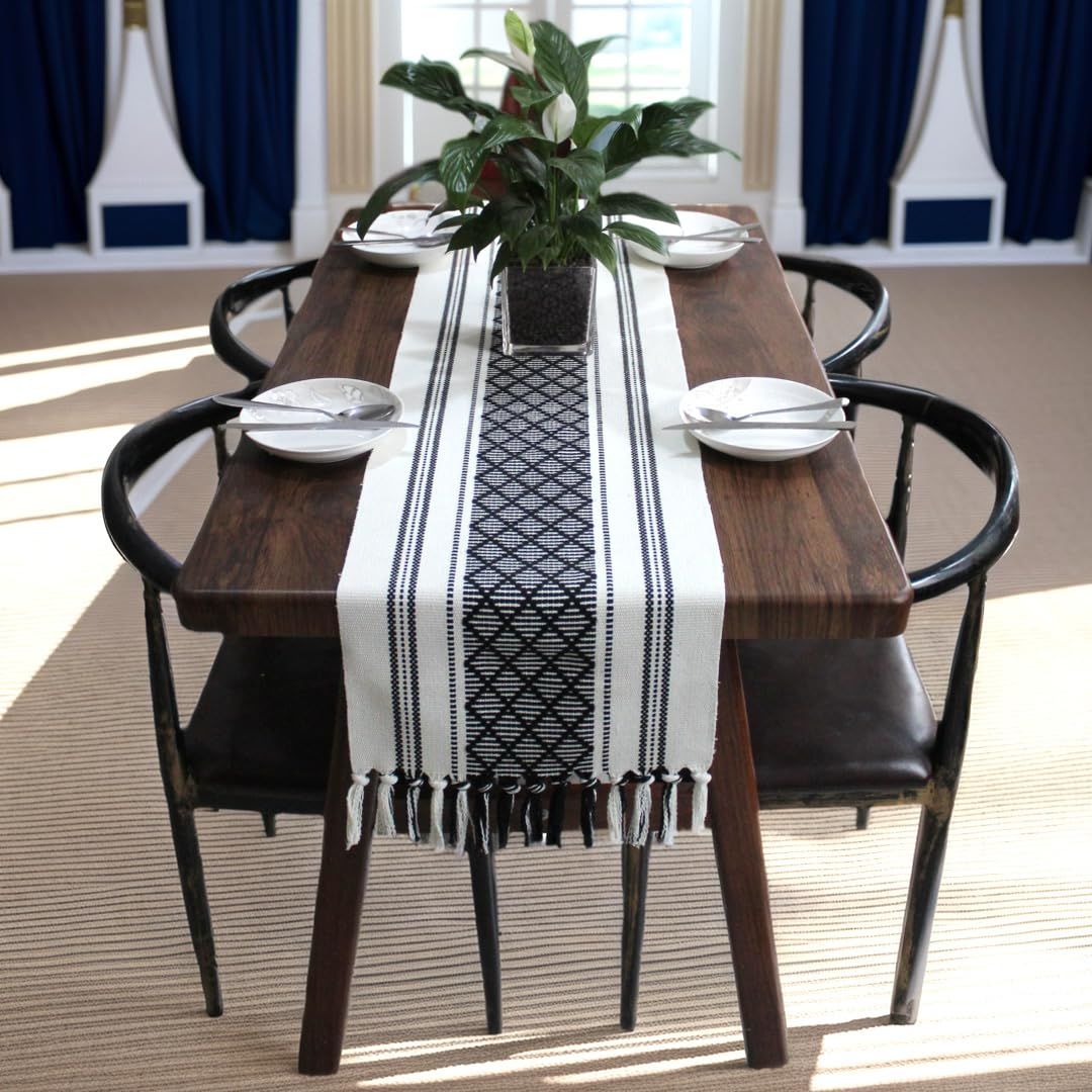 Boho Woven Table Runners Farmhouse Style with Tassels - Elegant Striped Table Decor for Dining Room, Wedding, Holiday, Party (Classic Black, 34*120cm)