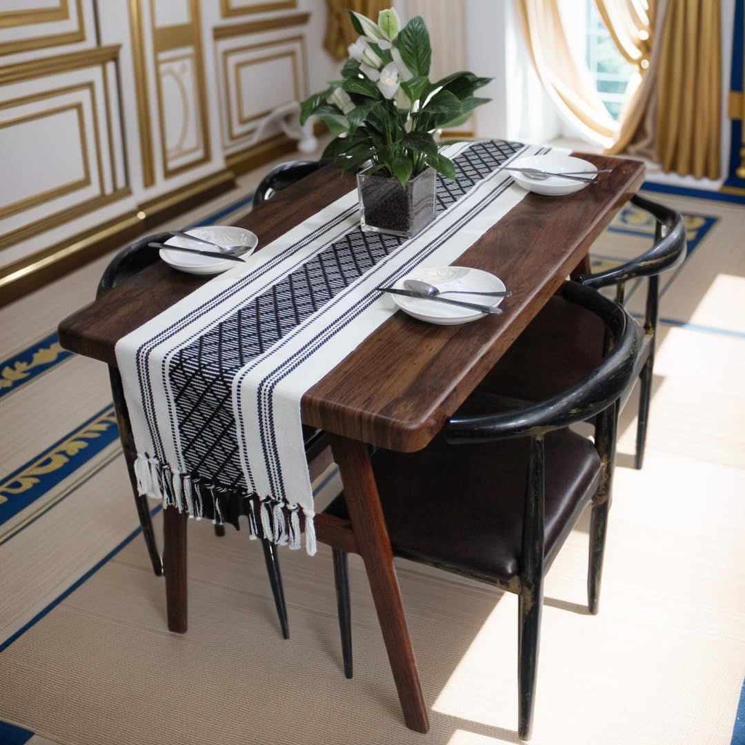 Boho Woven Table Runners Farmhouse Style with Tassels - Elegant Striped Table Decor for Dining Room, Wedding, Holiday, Party (Classic Black, 34*120cm)