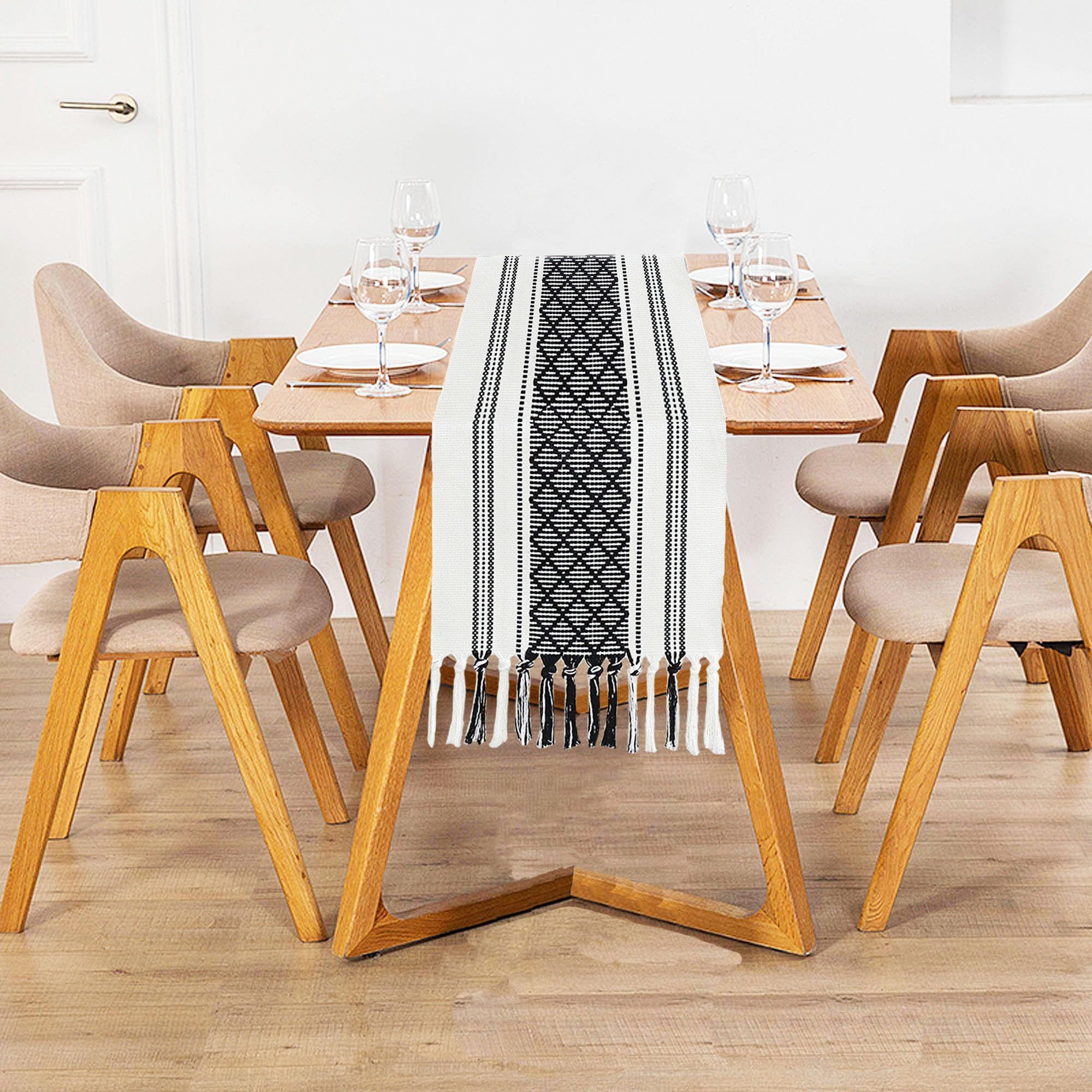 Boho Woven Table Runners Farmhouse Style with Tassels - Elegant Striped Table Decor for Dining Room, Wedding, Holiday, Party (Classic Black, 34*120cm)