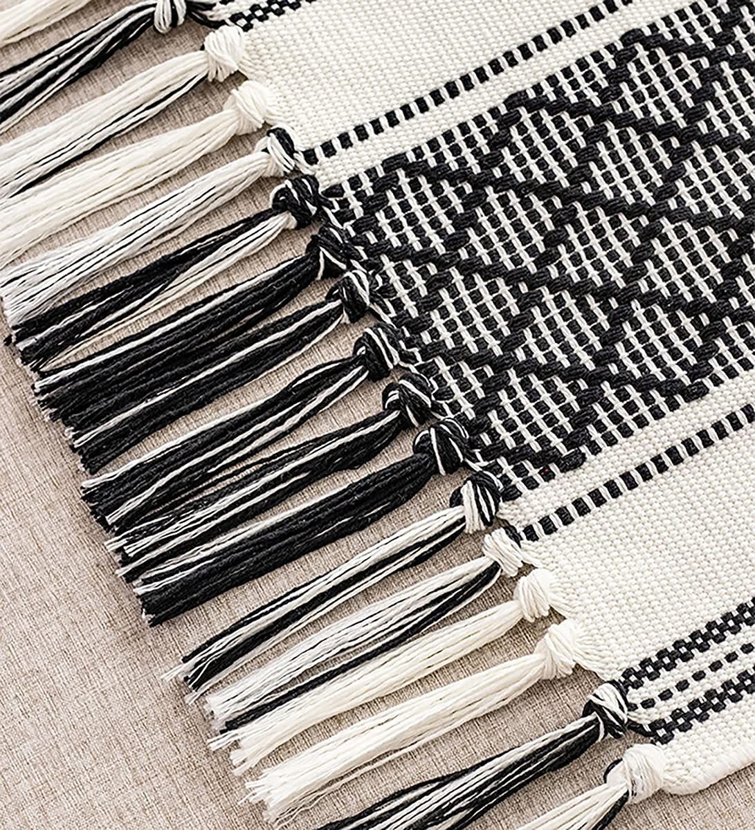 Boho Woven Table Runners Farmhouse Style with Tassels - Elegant Striped Table Decor for Dining Room, Wedding, Holiday, Party (Classic Black, 34*120cm)