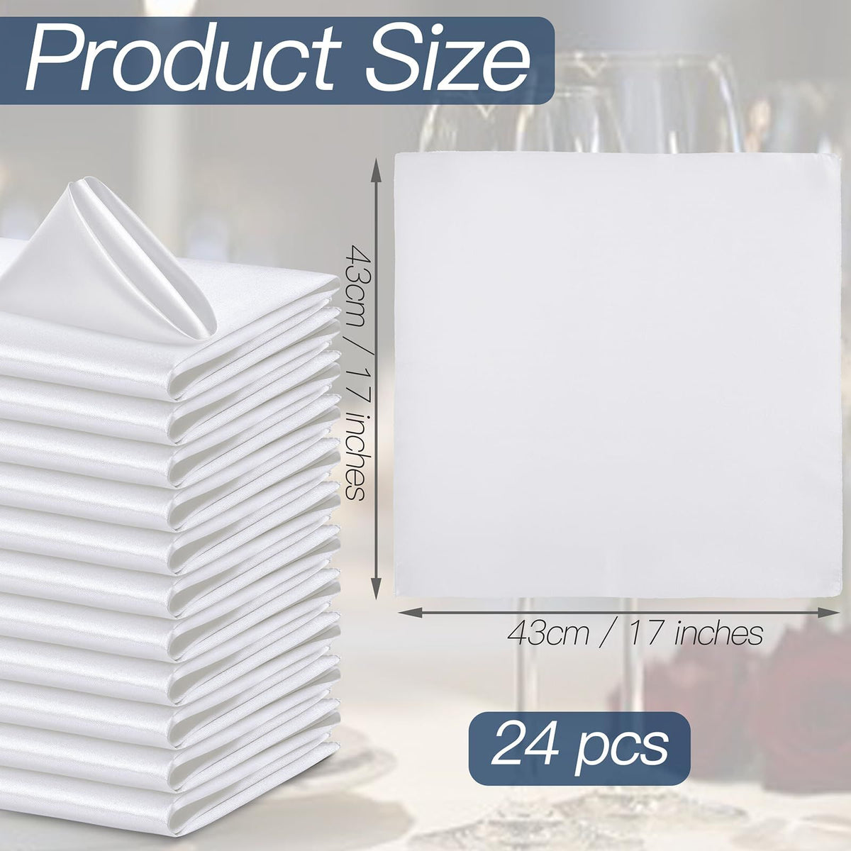 24 Pcs Silky White Satin Napkins 17 x 17 Inches, Square Smooth Wedding Dinner Napkins Satin Cloth Napkins Table Napkins for Banquet Party Restaurant Decor