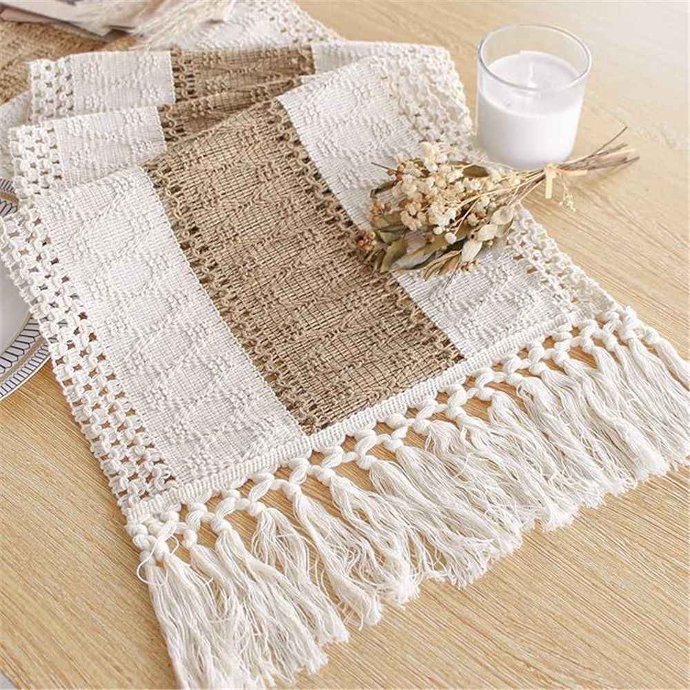 Bicolor Stitching Table Runner, 30X120cm Cocoa Brown/Ivory, Boho Brown Table Runners 72 Inches Long, Farmhouse Woven Home Decor