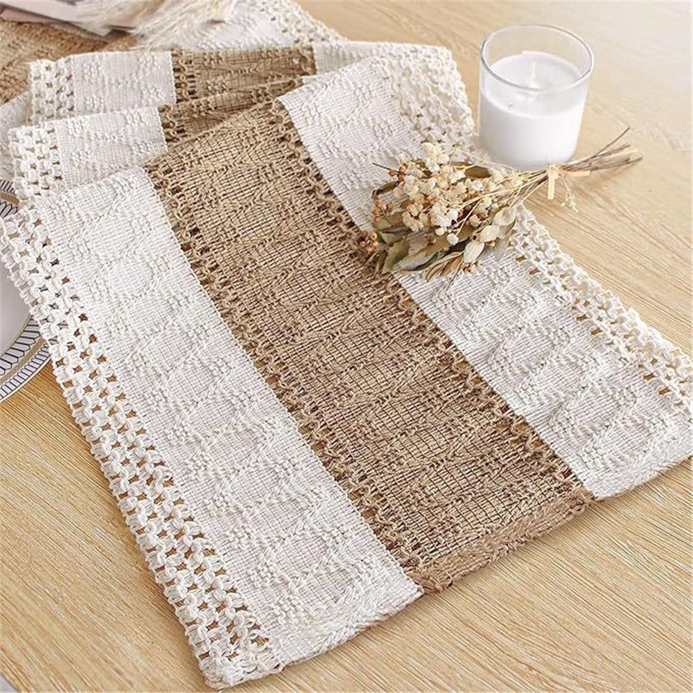 Bicolor Stitching Table Runner, 30X120cm Cocoa Brown/Ivory, Boho Brown Table Runners 72 Inches Long, Farmhouse Woven Home Decor