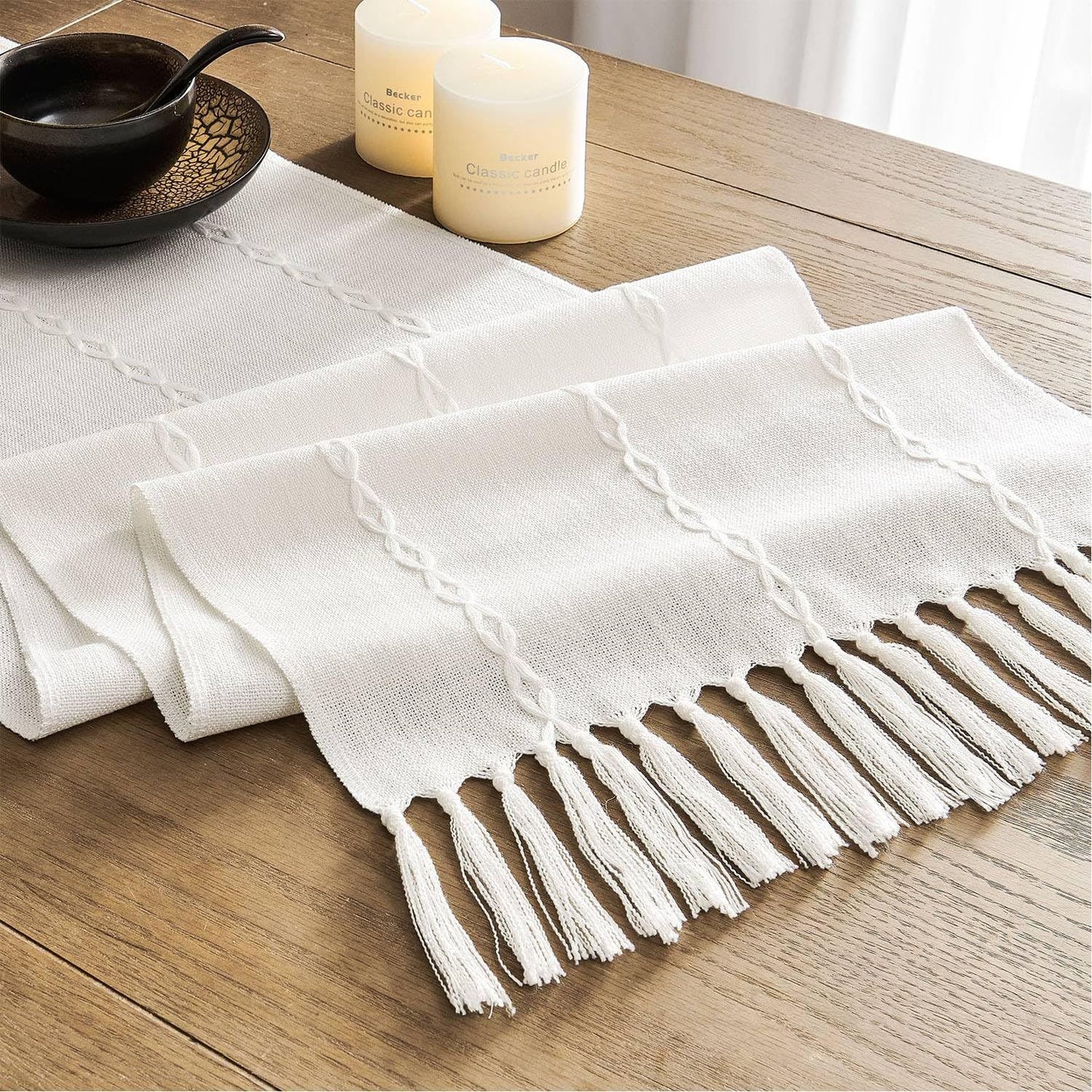 Farmhouse Braided Striped Table Runner, Rustic Ivory Table Runners  Home Decor, Off White （beige 33*120cm）
