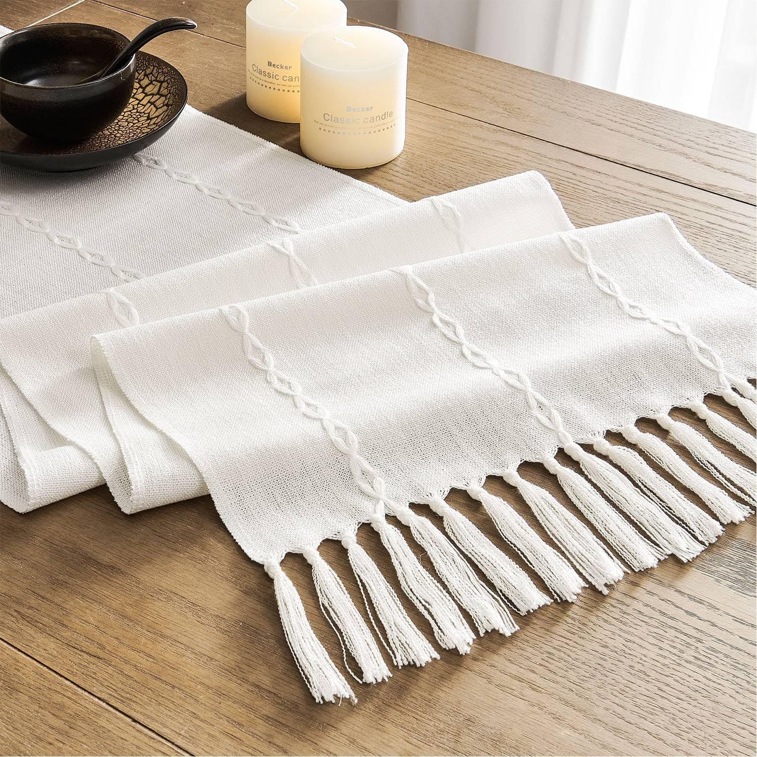 Farmhouse Braided Striped Table Runner, Rustic Ivory Table Runners  Home Decor, Off White （beige 33*120cm）