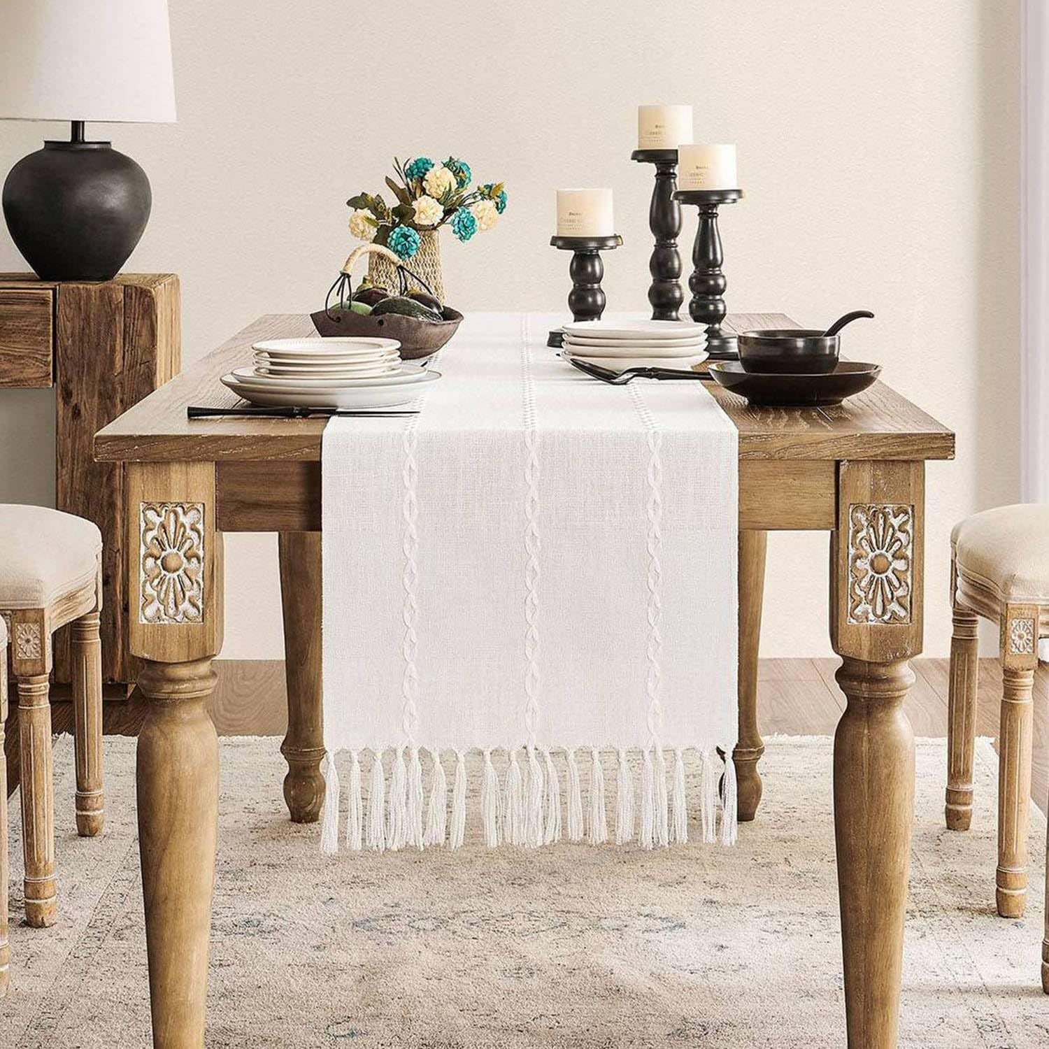 Farmhouse Braided Striped Table Runner, Rustic Ivory Table Runners  Home Decor, Off White （beige 33*120cm）