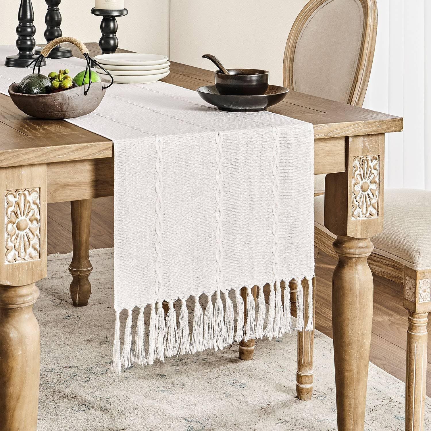 Farmhouse Braided Striped Table Runner, Rustic Ivory Table Runners  Home Decor, Off White （beige 33*120cm）