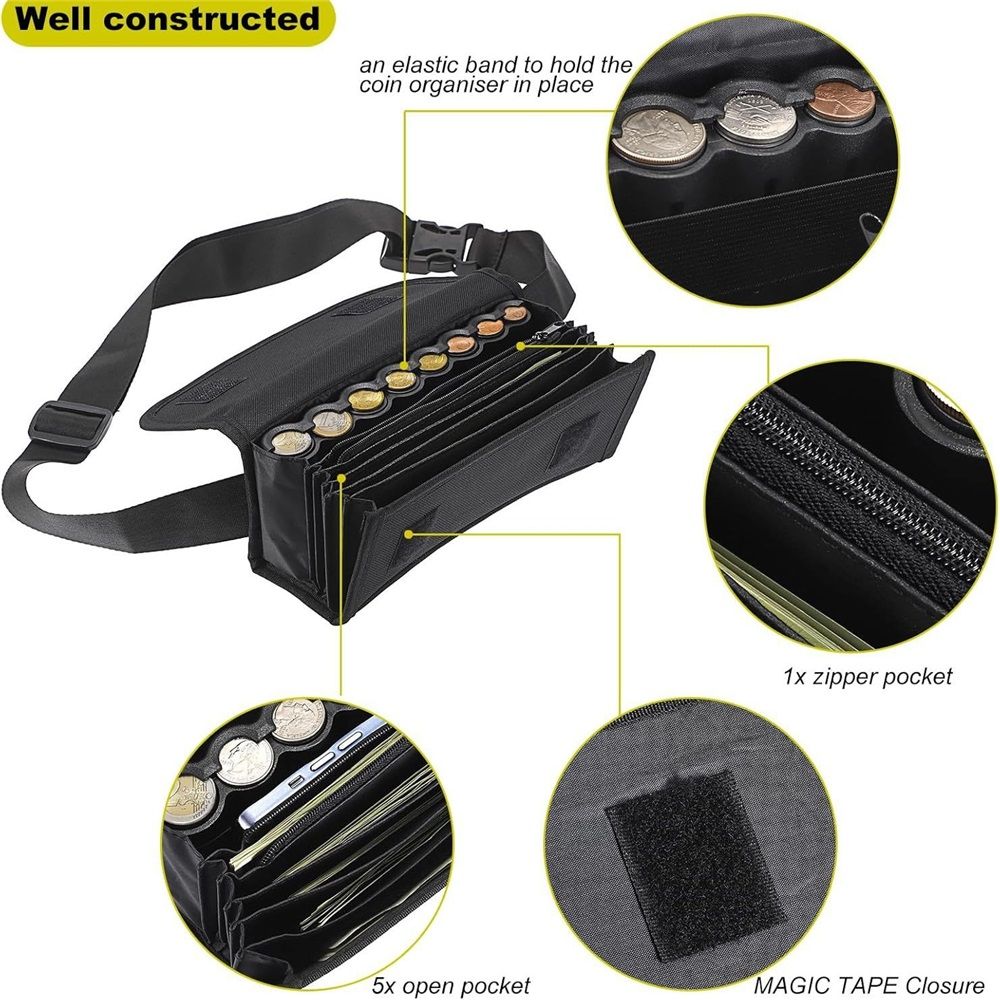 Coin Holder Coin Dispenser, Pack with Banknote Waiters Purse Coin Sorter Coin Organizer, Black Coin Storage Bag for Waitress Server Collector Cashier Change（oniy bag）