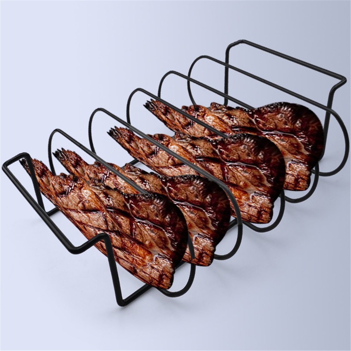 Large Non-Stick Rib Rack - Porcelain Coated Steel Roasting Stand – Holds 5 Full Rib Racks for Grilling & Barbecuing - Perfect BBQ Accessories for Smoker & Grill - Convenient Design, Black