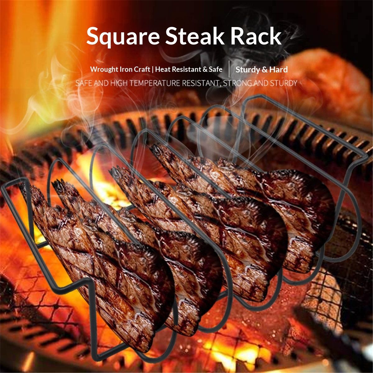 Large Non-Stick Rib Rack - Porcelain Coated Steel Roasting Stand – Holds 5 Full Rib Racks for Grilling & Barbecuing - Perfect BBQ Accessories for Smoker & Grill - Convenient Design, Black
