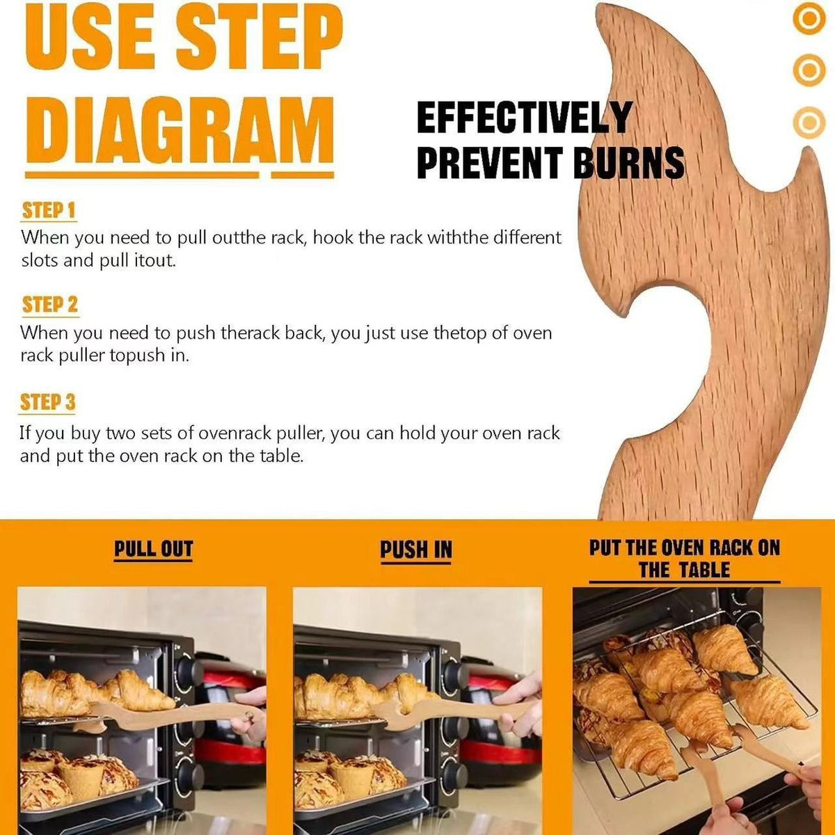 2pcs  Wood Oven Rack Puller Long Handle Oven Stick for Kitchen Appliances Baking Cooking Toaster Air Fryer Accessories
