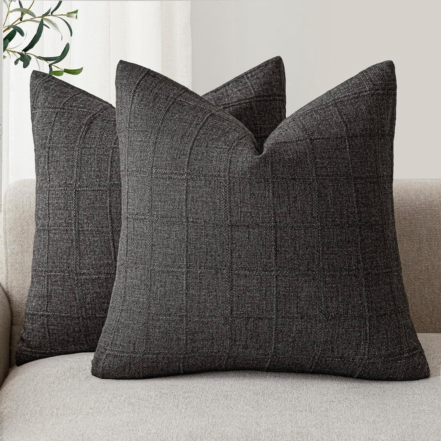 Set of 2 Decorative Linen Check Throw Pillow Covers Neutral Farmhouse Vintage Cushion Covers Modern Boho Home Decor  dark gray 45*45cm