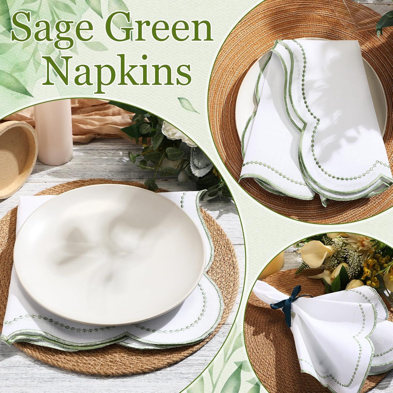 6 Set Cloth Napkins  Scalloped Embroidery Cloth Napkins Washable Polyester Table Dinner for Hotel Restaurant Weddings Events Parties (Bean green border)