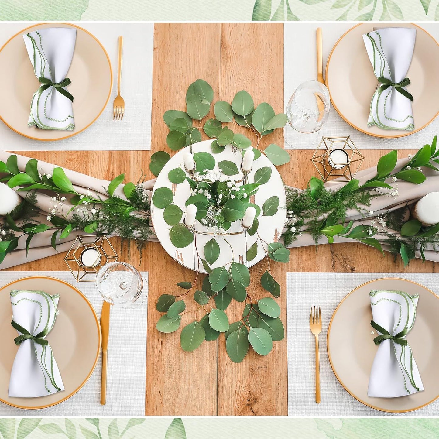 6 Set Cloth Napkins  Scalloped Embroidery Cloth Napkins Washable Polyester Table Dinner for Hotel Restaurant Weddings Events Parties (Bean green border)