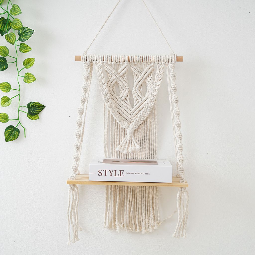 Wall Hanging Shelf - Tier Wall Shelves with Handmade Woven Rope - Boho Shelves Organizer Hanger for Kitchen, Bathroom, Home Storage, Floating Indoor Plant Wall Shelf (white)