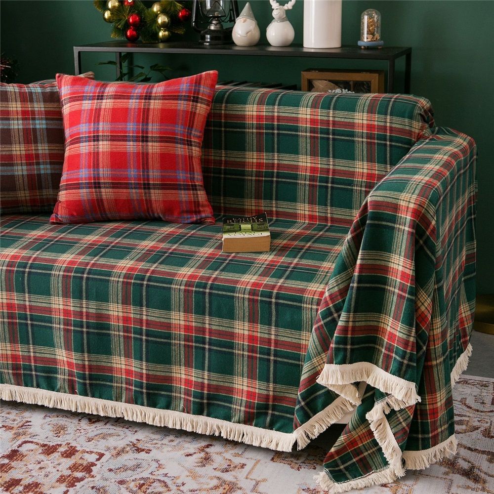 Plaid Couch Cover Checkered Sofa Covers Decorations Green and Red Grid Couch Cover for Farmhouse Home Decor Couch Protector for Dogs, 71"x 118"