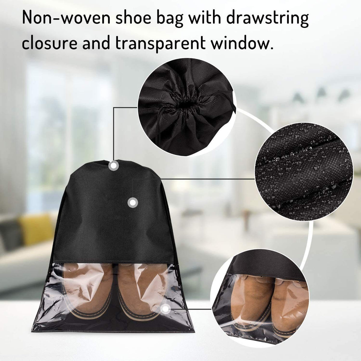 12PCS Shoe Bags for Travel - Large Dustproof Drawstring Shoes Pouch Packing Organizers for Men & Women, Black（storage bag only）