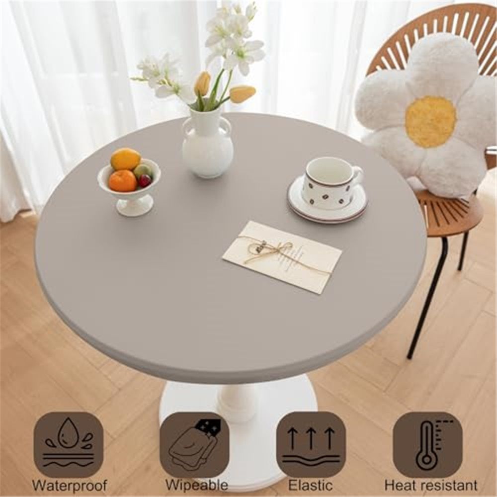 Round Fitted PU Tablecloth with High Elastic Edge 35 Inch Dia Waterproof Oil Proof Table Cloth Anti-Scald Stain-Resistant Wipeable Table Cover for Indoor Outdoor Picnic (Grey,35" Dia，Only tablecloth)
