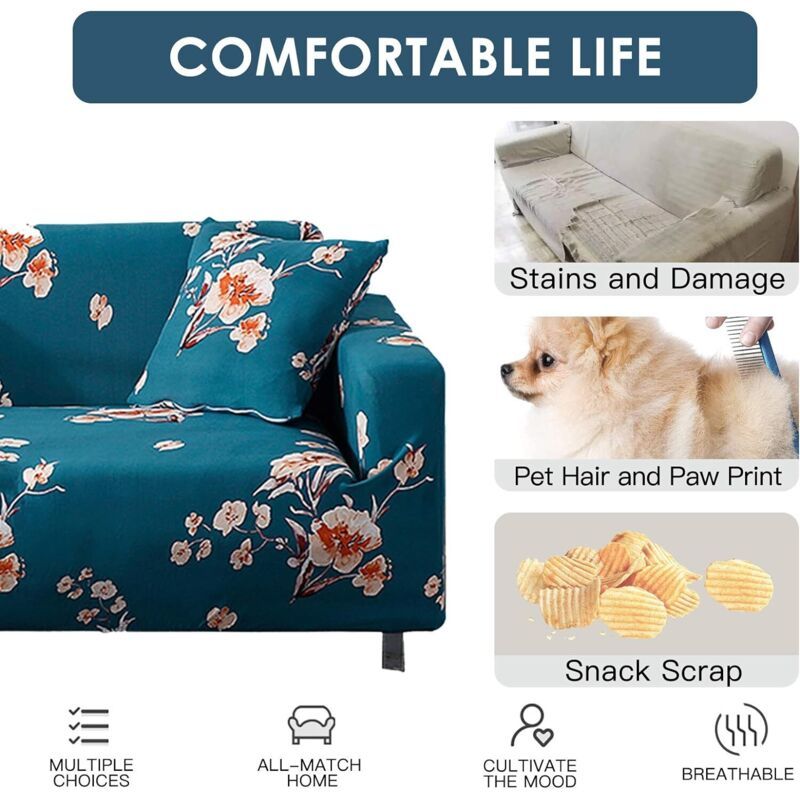 3 Seater Stretch Sofa Cover with Armrests Elastic Furniture Protector Blue Flower