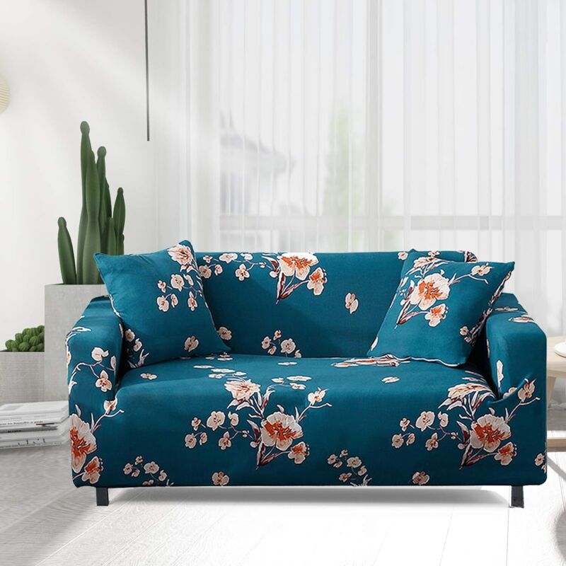 3 Seater Stretch Sofa Cover with Armrests Elastic Furniture Protector Blue Flower