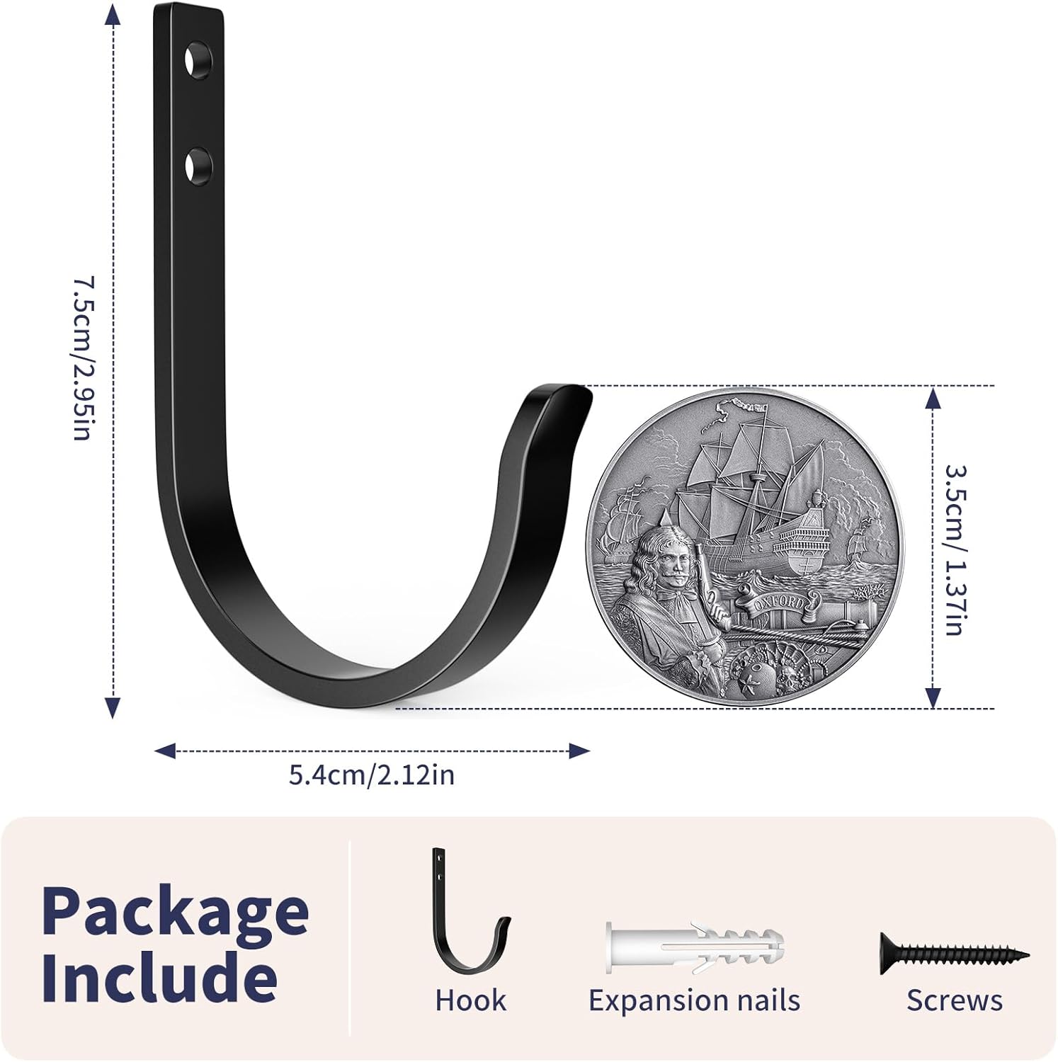 Wall Hooks 4 Pack, 22LB Load-Bearing Black l Heavy Duty Hooks with Expansion Nails - Wall Mounted Coat Rack, Key Holder, Towel Hanger for Bathroom, Kitchen, Outdoor - Decorative Hooks