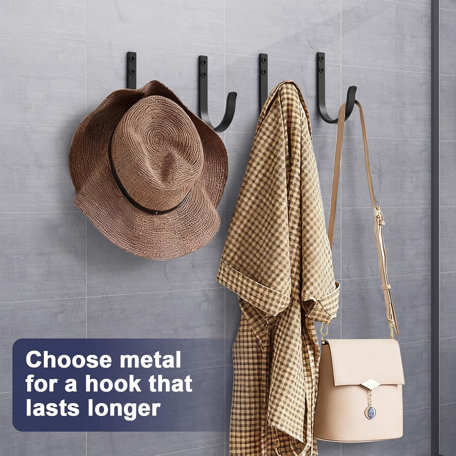 Wall Hooks 4 Pack, 22LB Load-Bearing Black l Heavy Duty Hooks with Expansion Nails - Wall Mounted Coat Rack, Key Holder, Towel Hanger for Bathroom, Kitchen, Outdoor - Decorative Hooks