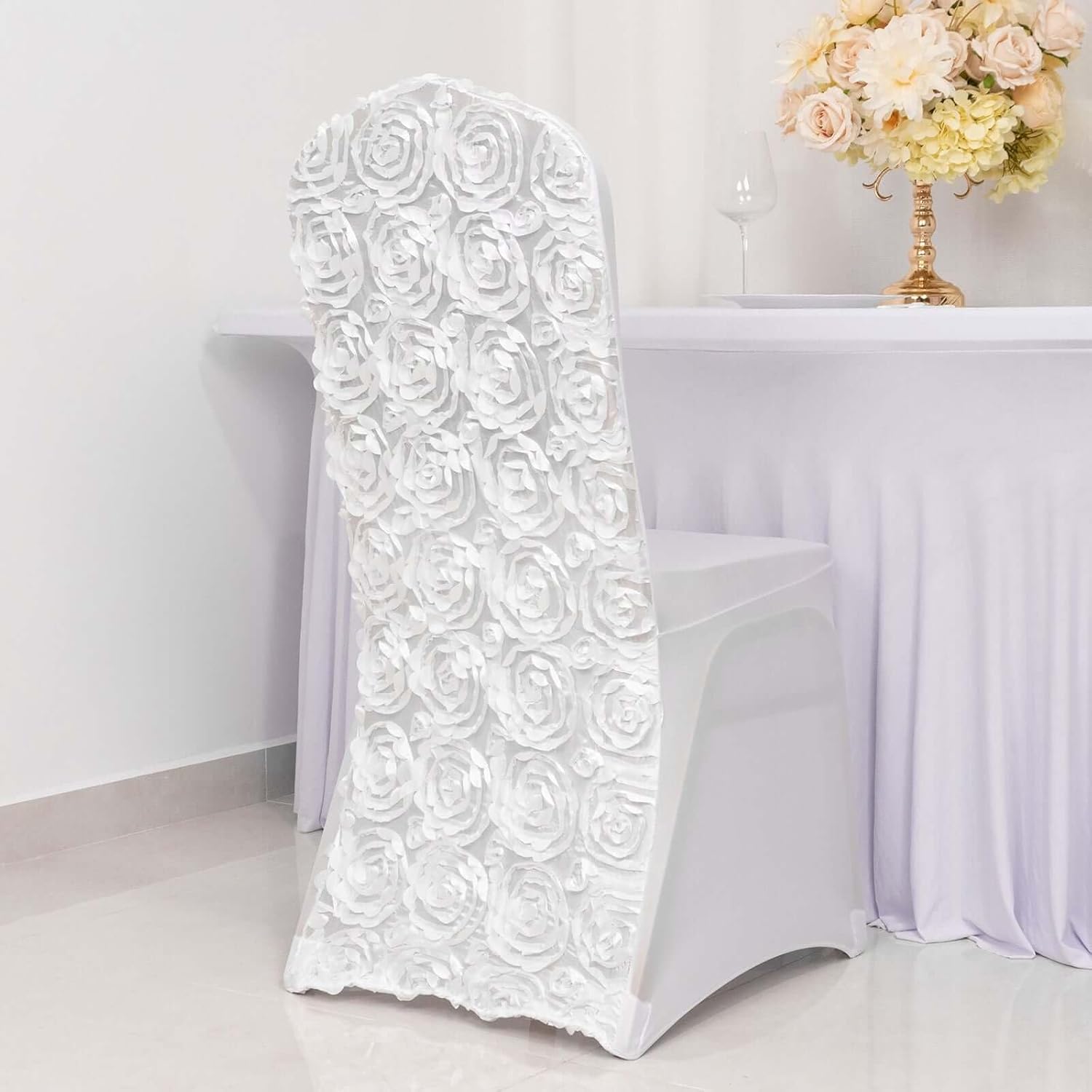 Efavormart Satin Rosette White Stretch Banquet Spandex Chair Cover Dinning Event Slipcover for Wedding Party Banquet Catering