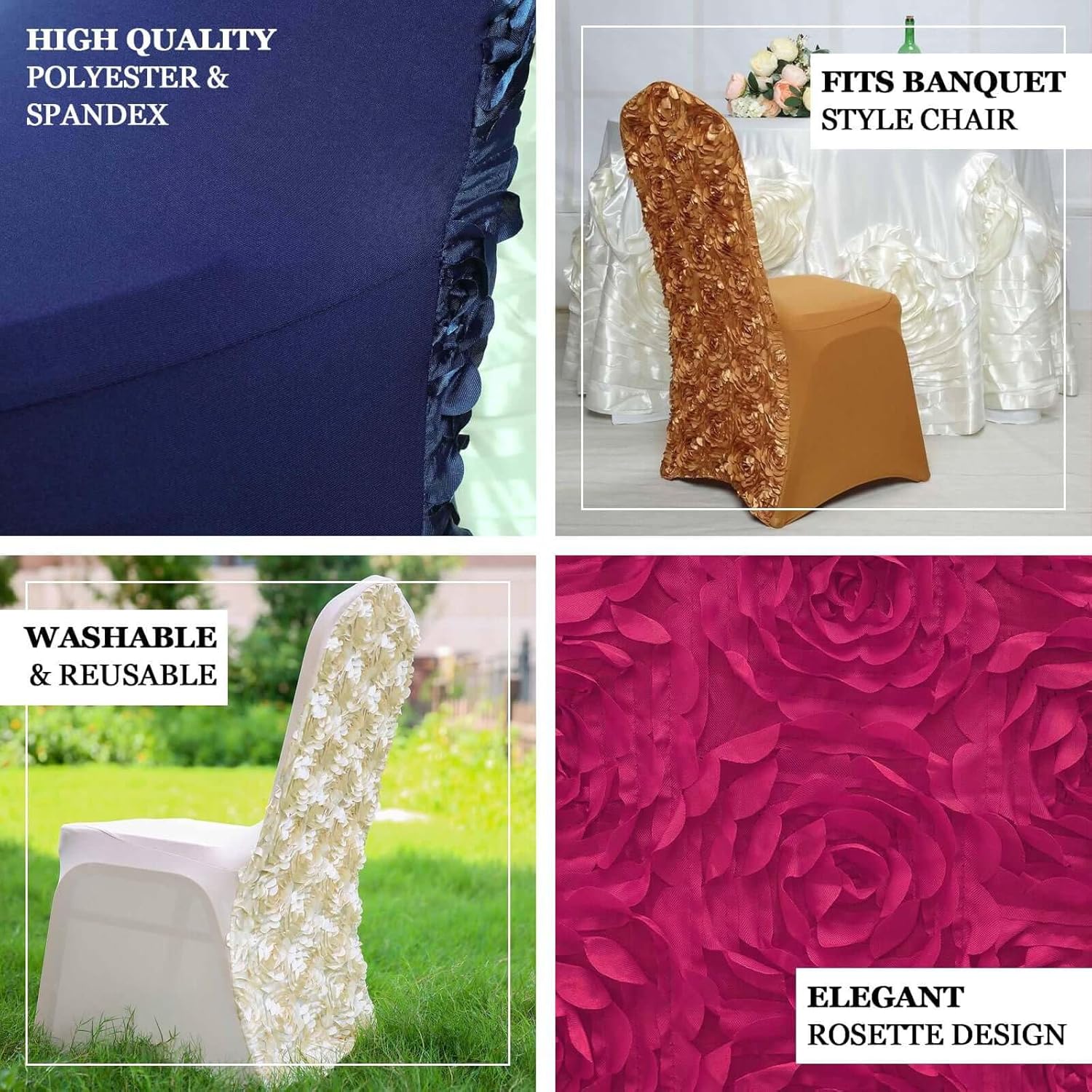 Efavormart Satin Rosette White Stretch Banquet Spandex Chair Cover Dinning Event Slipcover for Wedding Party Banquet Catering