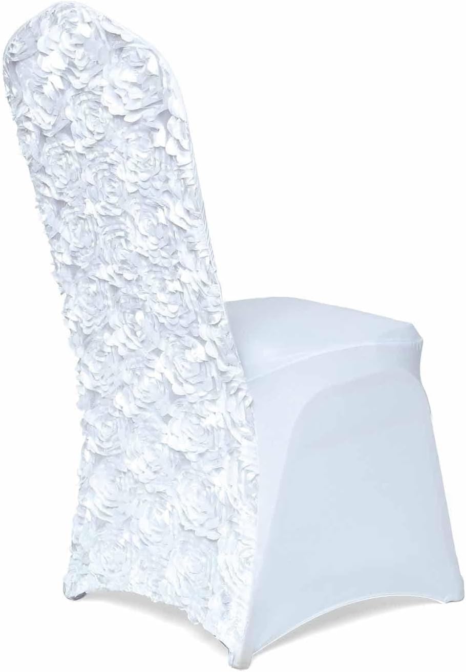 Efavormart Satin Rosette White Stretch Banquet Spandex Chair Cover Dinning Event Slipcover for Wedding Party Banquet Catering