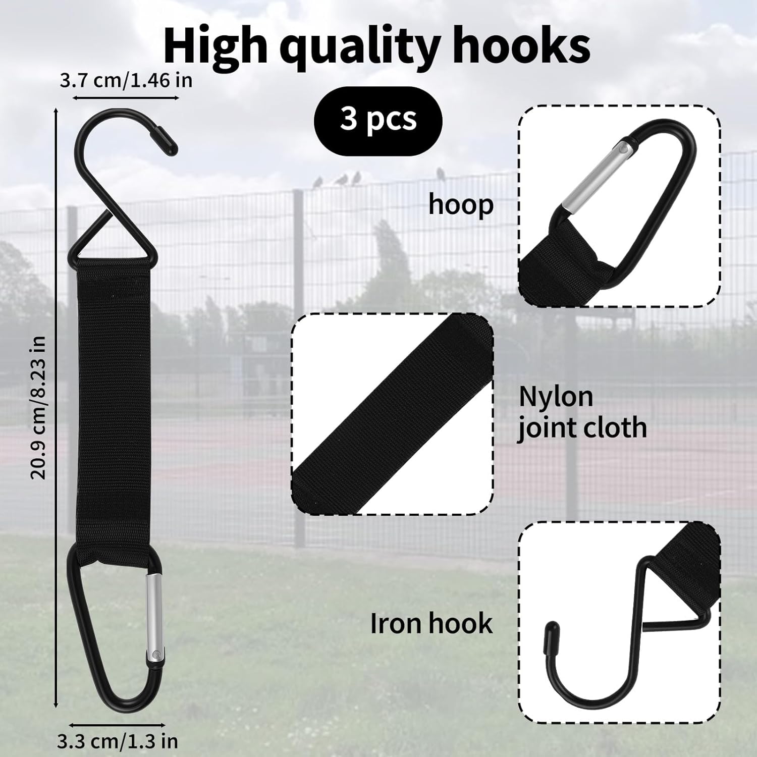 Carabiner Fence Hooks 3 Pcs Fence Hook for Tennis Baseball Bag, Nylon Safety Metal Buckle Hanging Hooks for Outdoor Sports Backpacks Water Bottles Camping Equipment
