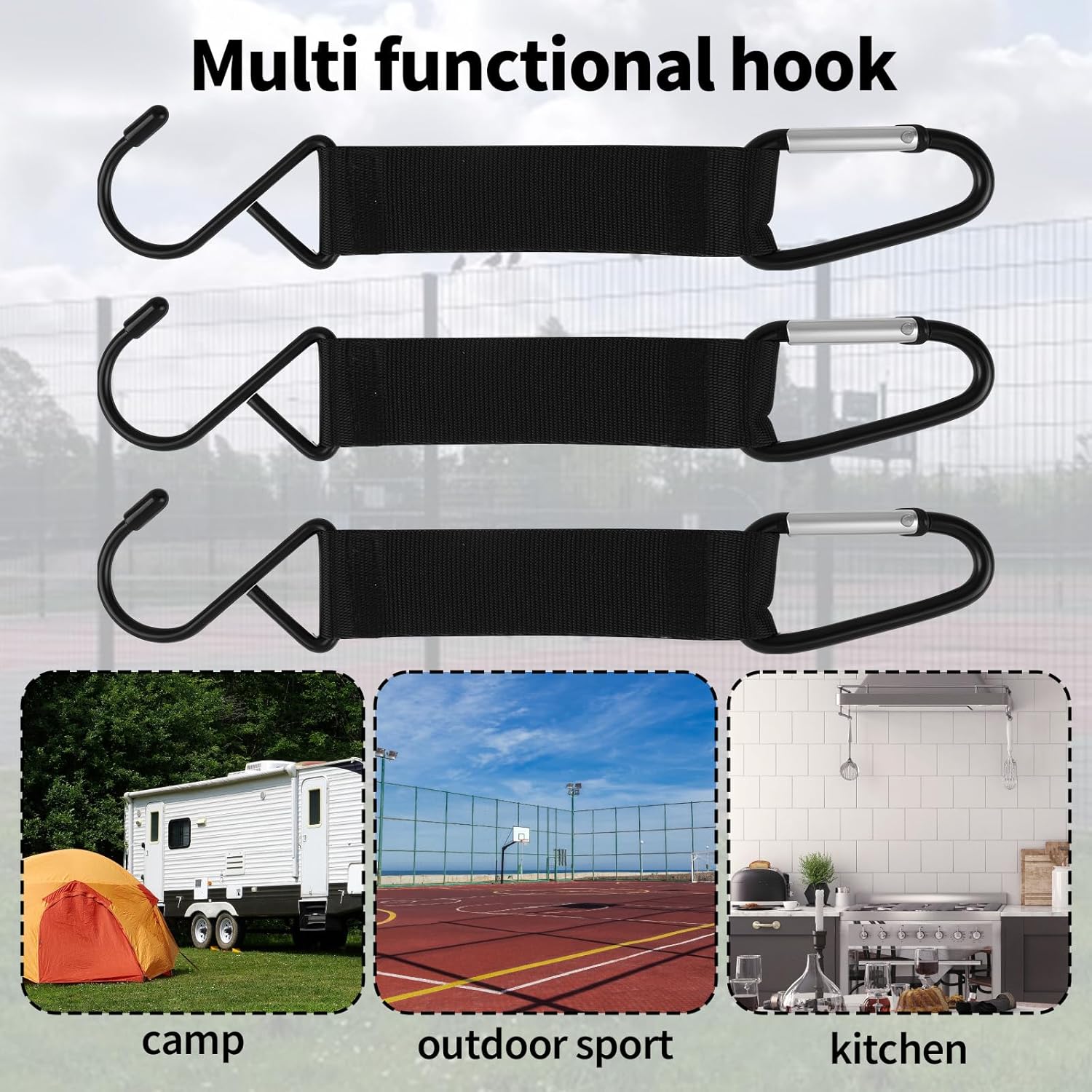 Carabiner Fence Hooks 3 Pcs Fence Hook for Tennis Baseball Bag, Nylon Safety Metal Buckle Hanging Hooks for Outdoor Sports Backpacks Water Bottles Camping Equipment