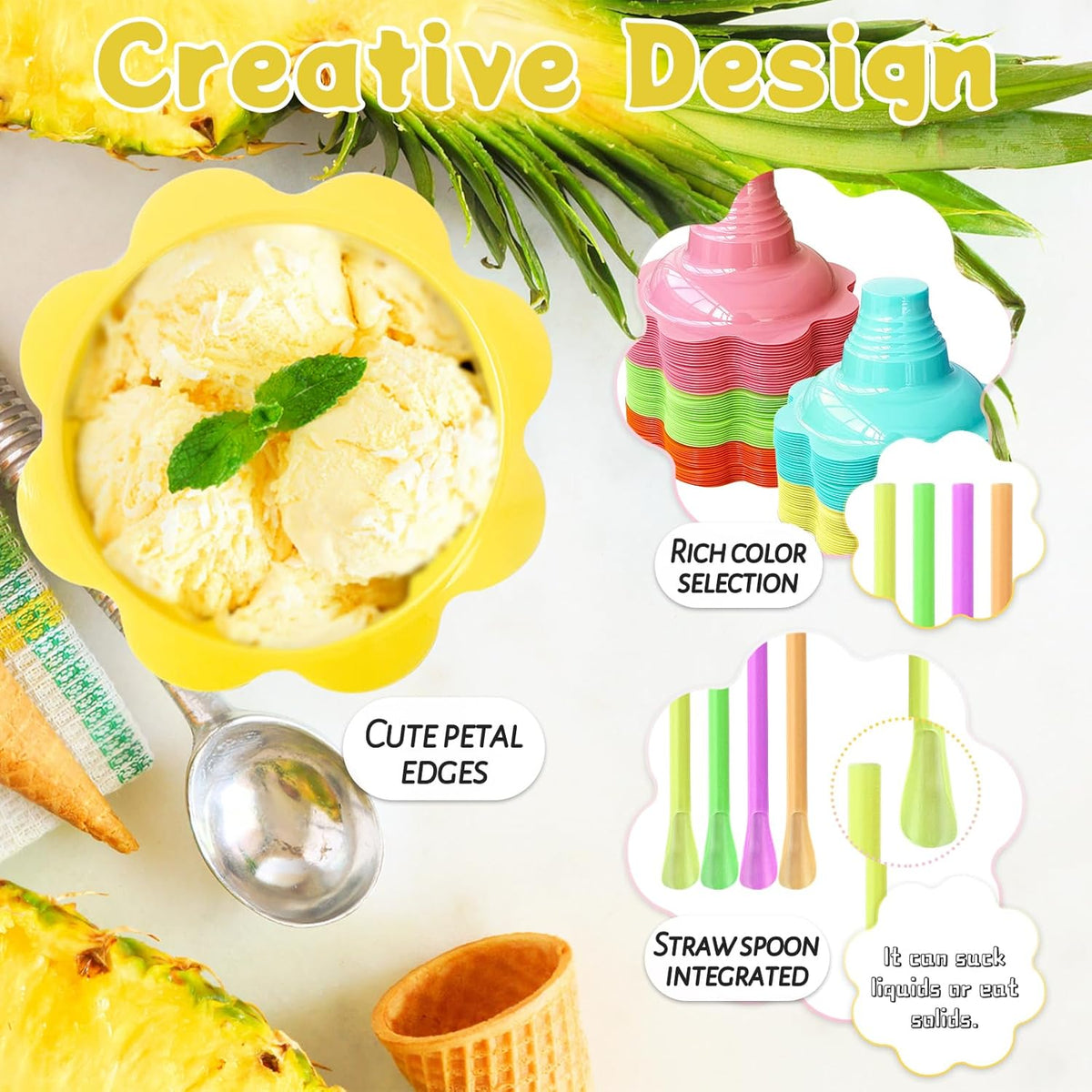 200 Pcs Colorful Snow Cone Cups with Spoon Straws,Flower Shaped Ice Cream Cup,Plastic Cone Snacks Cups for Summer Holiday,Party Trifle and Shaved Ice