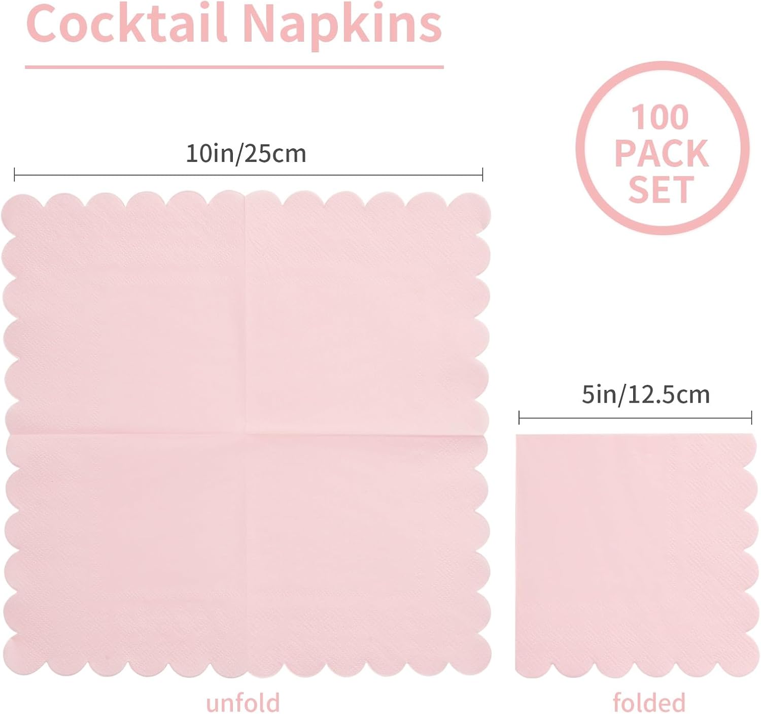100 Pack Cocktail Napkin 2-Ply Scalloped Edged Dessert Napkins Folded 5 x 5 Inches Disposable Napkins for Dinner Wedding Birthday Party Bridal Anniversary Recepti Event (Pink)