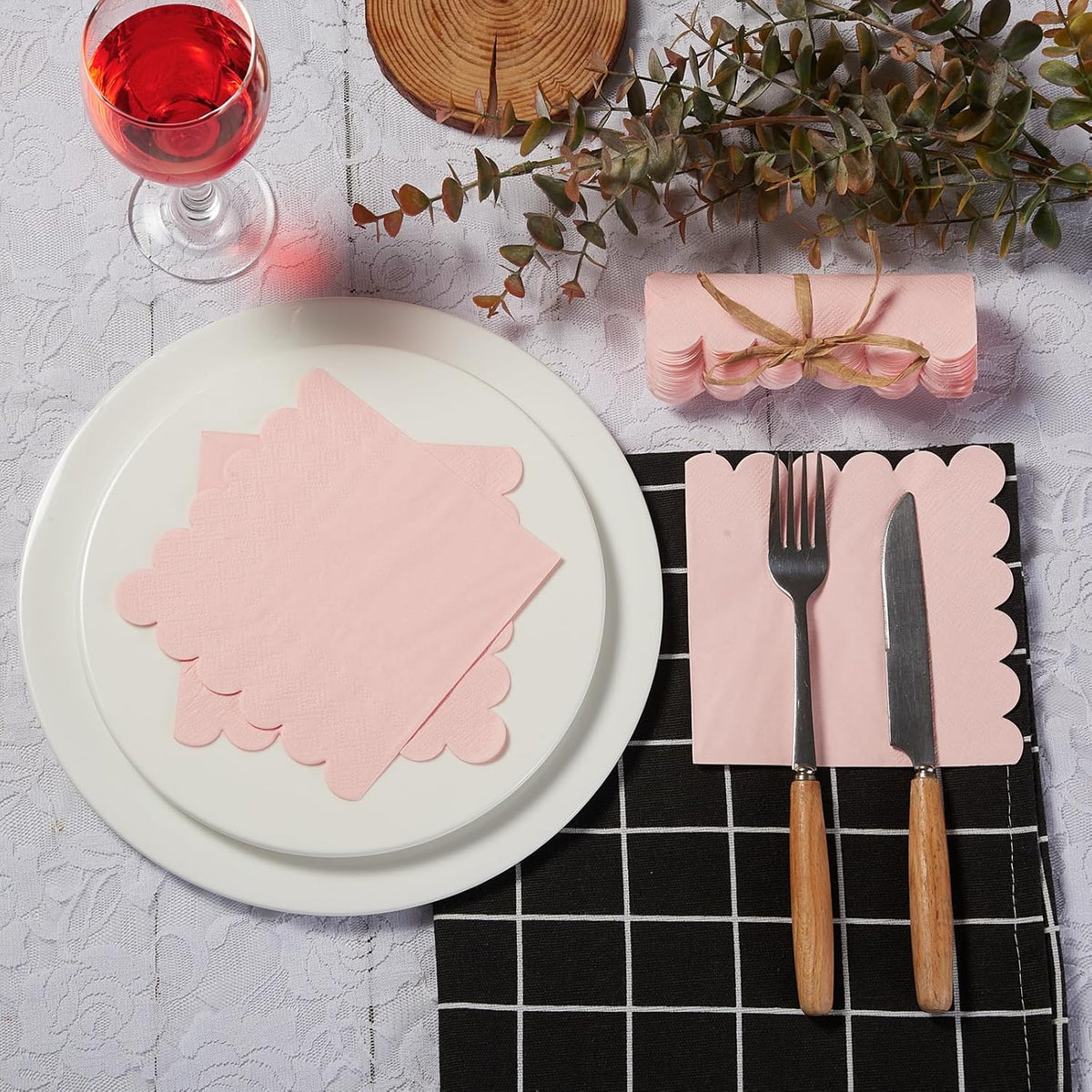 100 Pack Cocktail Napkin 2-Ply Scalloped Edged Dessert Napkins Folded 5 x 5 Inches Disposable Napkins for Dinner Wedding Birthday Party Bridal Anniversary Recepti Event (Pink)