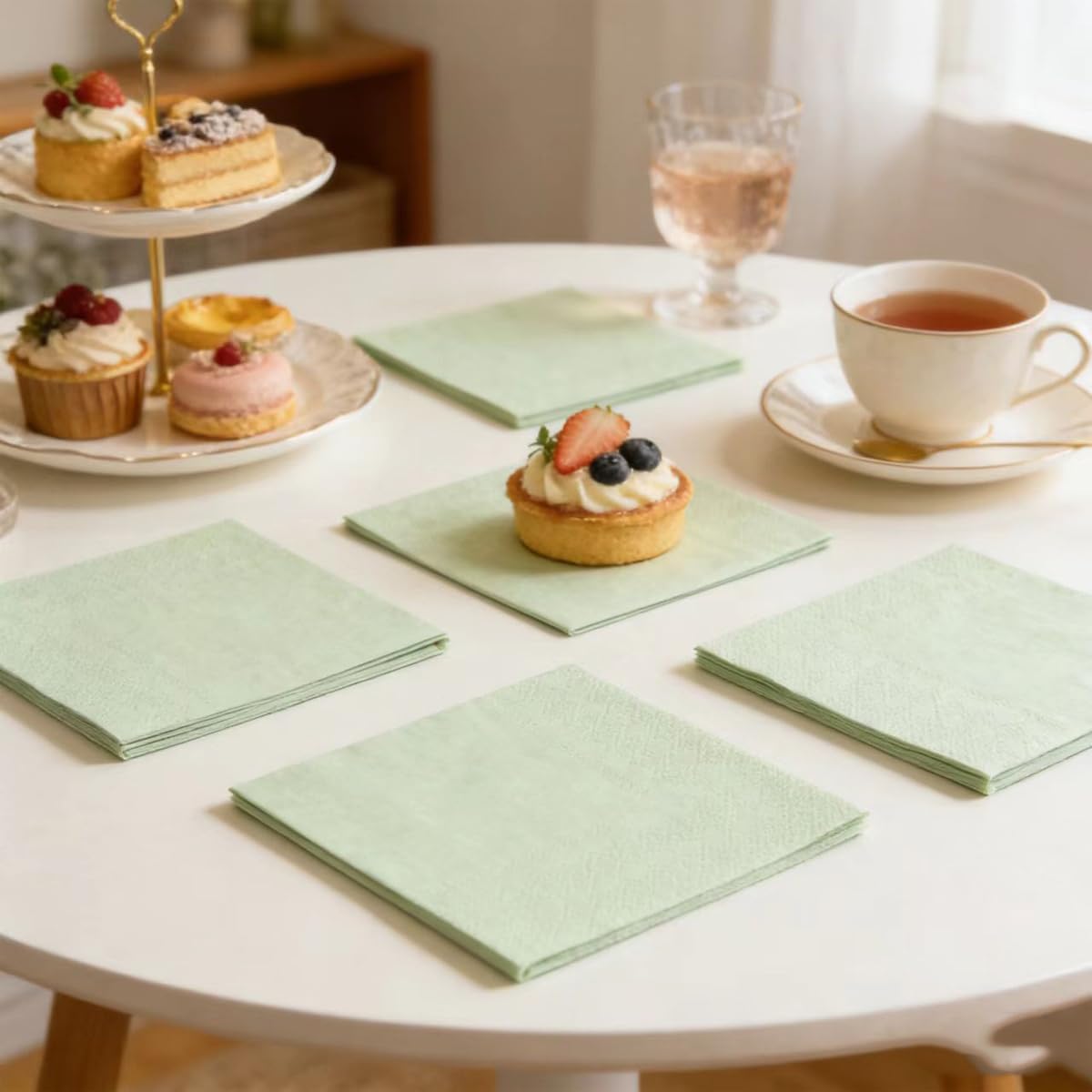 100 Pack Cocktail Napkin 2-Ply Dessert Napkins Folded 5 x 5 Inches Disposable Napkins for Dinner Wedding Birthday Party Bridal Anniversary Recepti Event (100, Sage-Green)