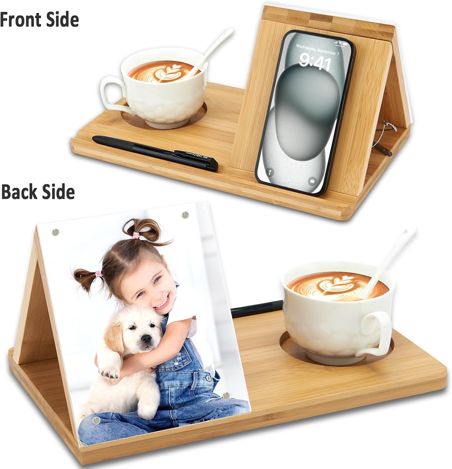 Bamboo Book Holder, Triangle Book Holder Stand with Acrylic Picture Frame, Book Rest with Cup Holder, Tablet and Kindle Stand, Book Lovers Gifts, Bookish Gifts, Bamboo Book Rest Stand