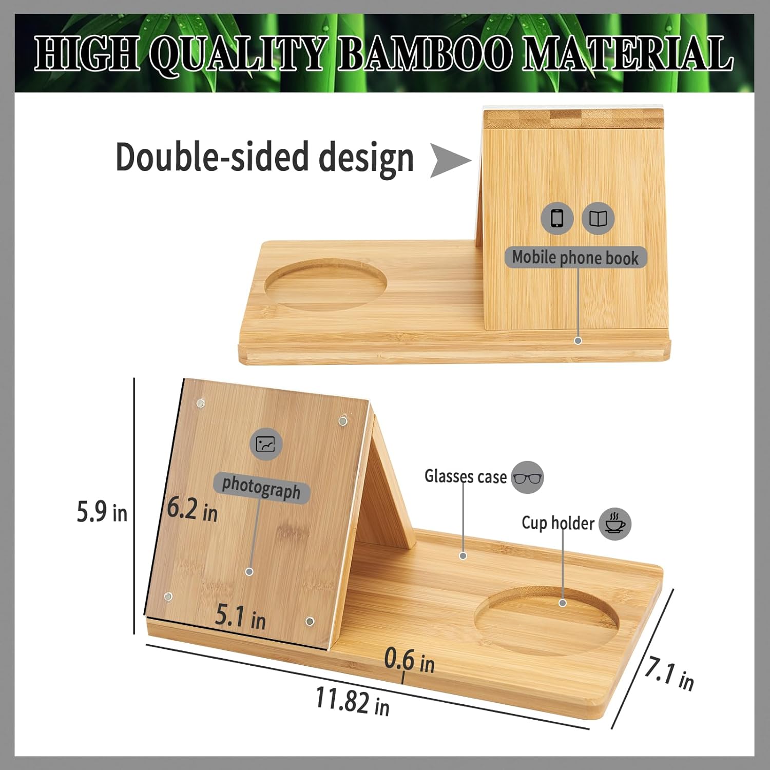 Bamboo Book Holder, Triangle Book Holder Stand with Acrylic Picture Frame, Book Rest with Cup Holder, Tablet and Kindle Stand, Book Lovers Gifts, Bookish Gifts, Bamboo Book Rest Stand