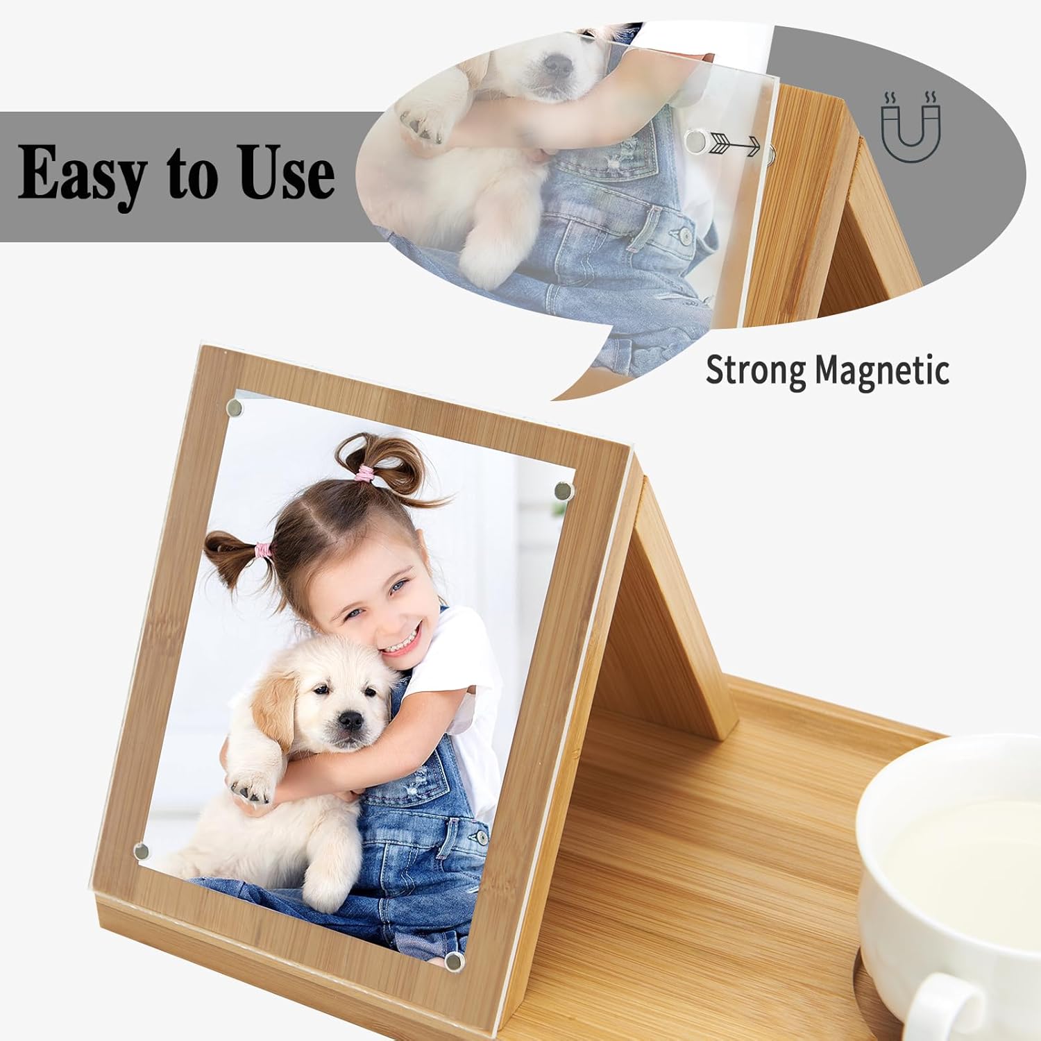 Bamboo Book Holder, Triangle Book Holder Stand with Acrylic Picture Frame, Book Rest with Cup Holder, Tablet and Kindle Stand, Book Lovers Gifts, Bookish Gifts, Bamboo Book Rest Stand