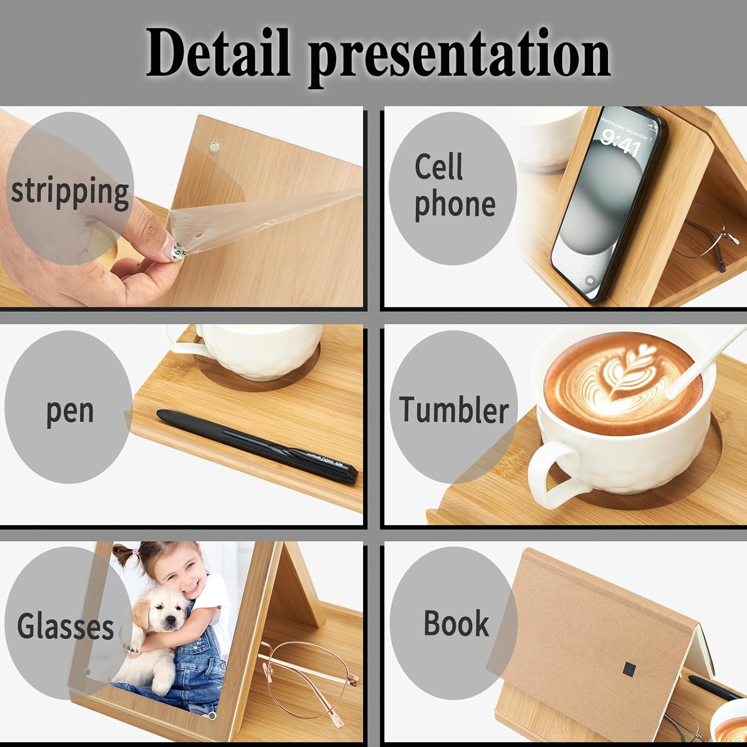 Bamboo Book Holder, Triangle Book Holder Stand with Acrylic Picture Frame, Book Rest with Cup Holder, Tablet and Kindle Stand, Book Lovers Gifts, Bookish Gifts, Bamboo Book Rest Stand