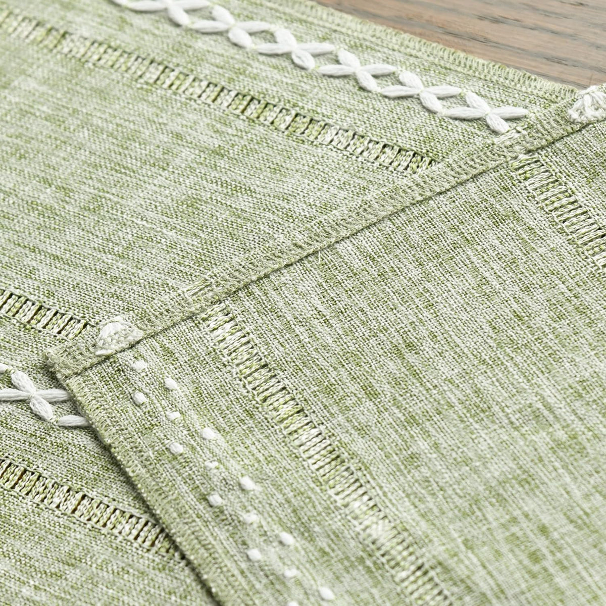 Sage Green Rustic Cotton Linen Table Runner, Seasonal Embroidered Hollow Kitchen Dining Table Decoration for Home Party Decor 13x72 Inch