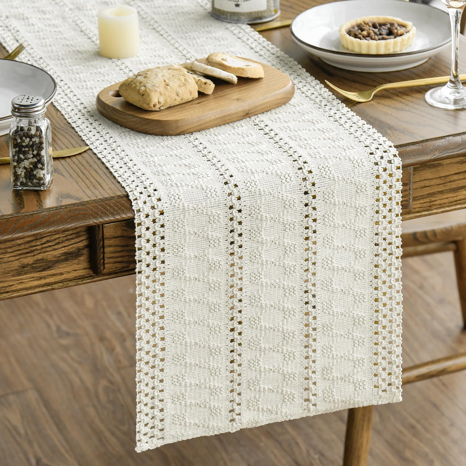 Beige Farmhouse Woven Rustic Hollow Table Runner, Seasonal Holiday Hollow Kitchen Dining Table Decoration for Home Party Decor 12x72 Inch