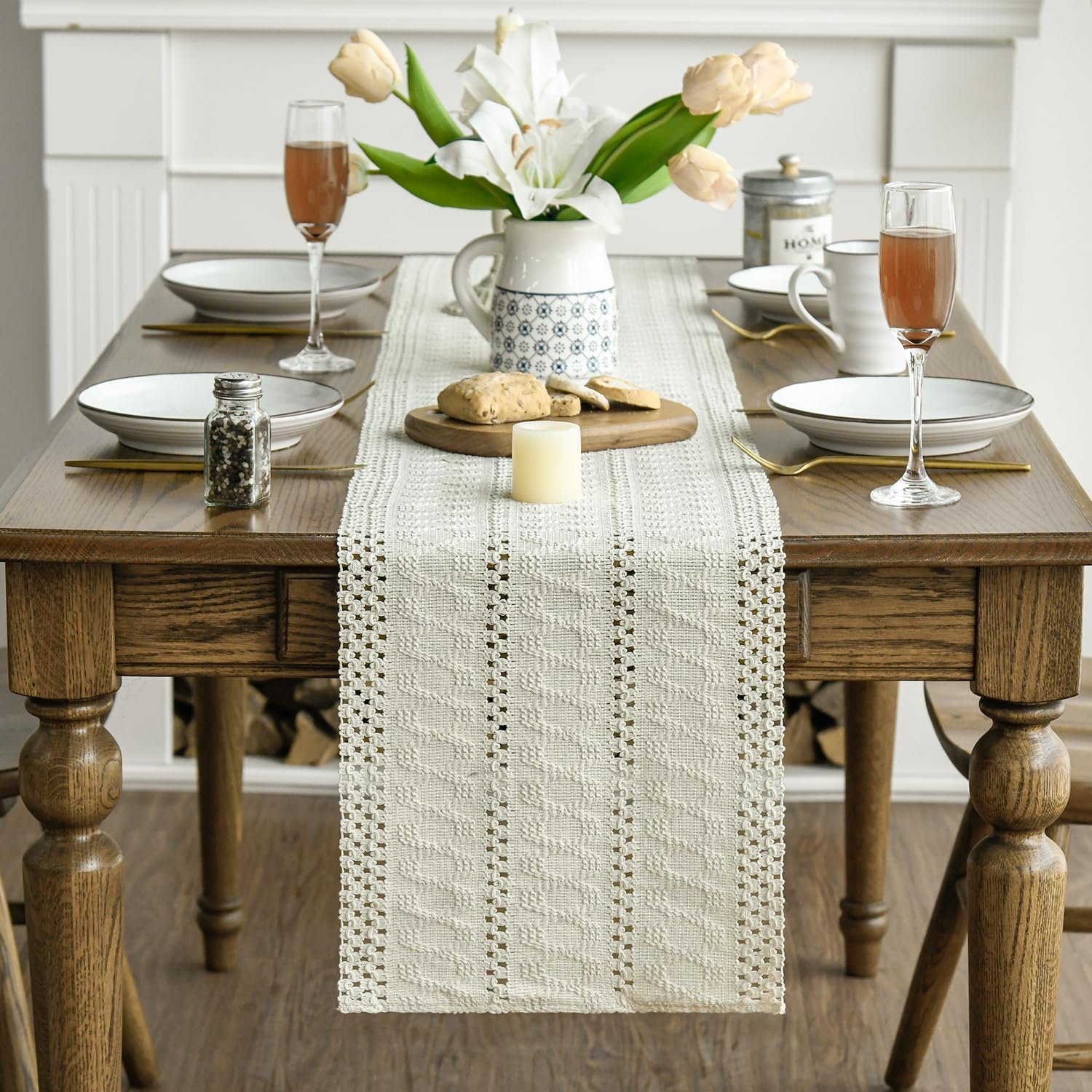 Beige Farmhouse Woven Rustic Hollow Table Runner, Seasonal Holiday Hollow Kitchen Dining Table Decoration for Home Party Decor 12x72 Inch